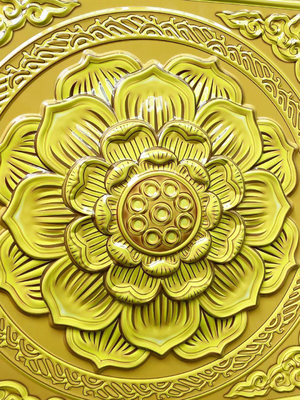 600x600mm Alumínio Metal Teto 3D Placa do Templo Folha de Ouro Buda Hall Lótus