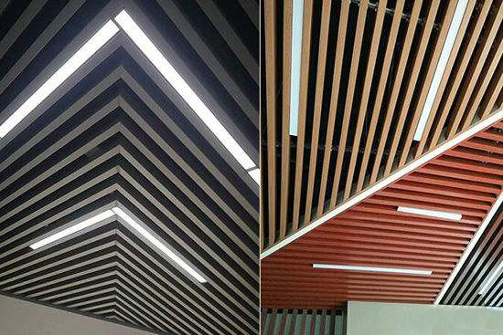 A grão de madeira do teto de alumínio decorativo do painel do defletor de U revestida suspendeu defletores acústicos do teto